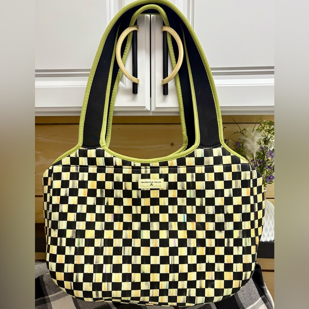 NWOT MacKenzie-Childs Neoprene Black and Cream Checkered Tote